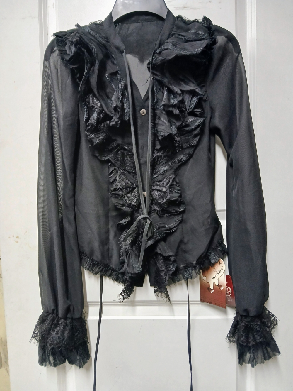 Black Ruffled Sheer Lace-Trim Jacket - Women